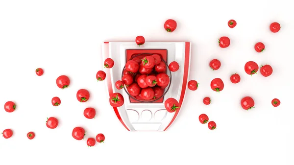 Muitos tomates em balanças de cozinha. Ilustração 3d, renderização 3d . — Fotografia de Stock