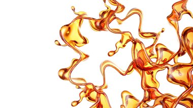 Beyaz arka planda şeffaf turuncu sıvı sıçramış. 3d görüntüleme, 3d illüstrasyon.