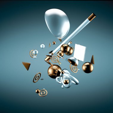 Uçan nesneler ve şekillerle soyut minimalizm arka planı. 3d görüntüleme, 3d illüstrasyon.