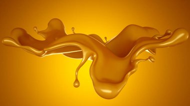 Sarı arka planda altın karamel sıçraması. 3d görüntüleme, 3d illüstrasyon.