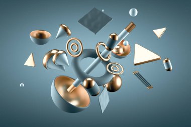 Uçan nesneler ve şekillerle soyut minimalizm arka planı. 3d görüntüleme, 3d illüstrasyon.