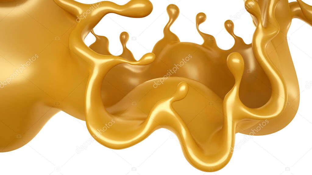 Golden splash of caramel on a white background. 3d rendering, 3d illustration.