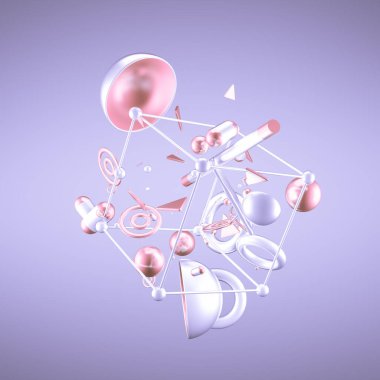 Mor soyut minimalizm, uçan nesneler ve şekillerle. 3d görüntüleme, 3d illüstrasyon.
