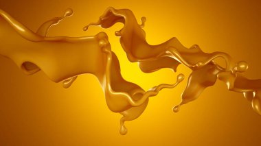 Sarı arka planda altın karamel sıçraması. 3d görüntüleme, 3d illüstrasyon.