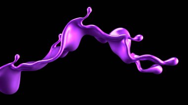 Mor sıçrama sıvısı siyah arka plan. 3d görüntüleme, 3d illüstrasyon.