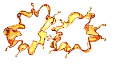 Beyaz arka planda şeffaf turuncu sıvı sıçramış. 3d görüntüleme, 3d illüstrasyon.