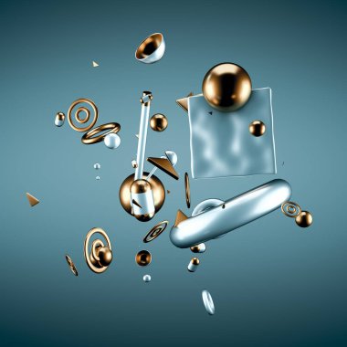 Uçan nesneler ve şekillerle soyut minimalizm arka planı. 3d görüntüleme, 3d illüstrasyon.