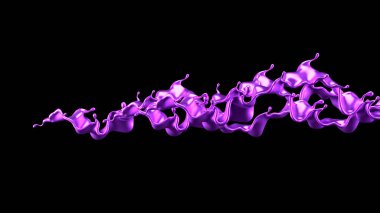 Mor sıçrama sıvısı siyah arka plan. 3d görüntüleme, 3d illüstrasyon.