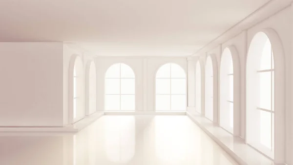Luxusní Bílý Prázdný Interiér Okny Vykreslování Ilustrace — Stock fotografie