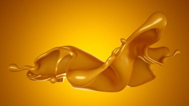 Sarı arka planda altın karamel sıçraması. 3d görüntüleme, 3d illüstrasyon.