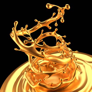 Altın kaplama sıvı siyah arka plan. 3d görüntüleme, 3d illüstrasyon.