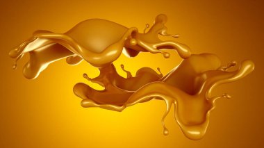 Sarı arka planda altın karamel sıçraması. 3d görüntüleme, 3d illüstrasyon.