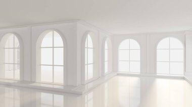 Pencereleri olan lüks, beyaz bir iç mekan. 3d görüntüleme, 3d illüstrasyon.