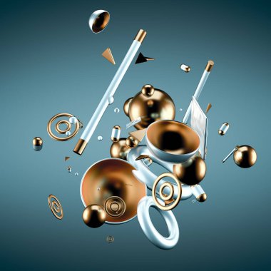 Uçan nesneler ve şekillerle soyut minimalizm arka planı. 3d görüntüleme, 3d illüstrasyon.