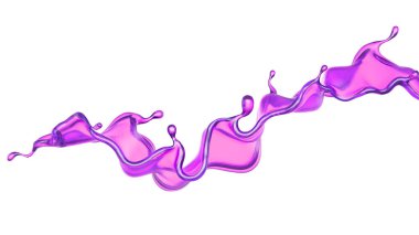 Beyaz arka planda şeffaf mor bir sıvı sıçraması. 3d görüntüleme, 3d illüstrasyon.