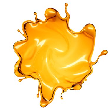 Beyaz arka planda şeffaf turuncu sıvı sıçramış. 3d görüntüleme, 3d illüstrasyon.