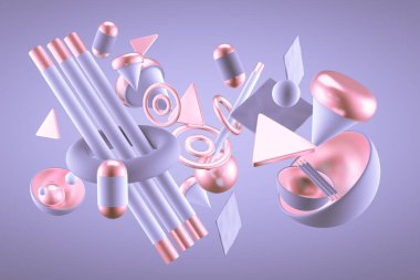 Mor soyut minimalizm, uçan nesneler ve şekillerle. 3d görüntüleme, 3d illüstrasyon.