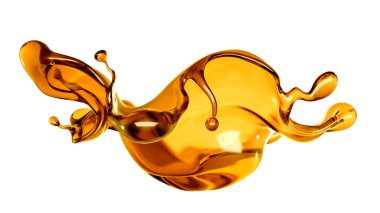 Beyaz arka planda şeffaf turuncu sıvı sıçramış. 3d görüntüleme, 3d illüstrasyon.