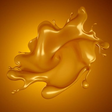 Sarı arka planda altın karamel sıçraması. 3d görüntüleme, 3d illüstrasyon.