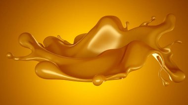 Sarı arka planda altın karamel sıçraması. 3d görüntüleme, 3d illüstrasyon.