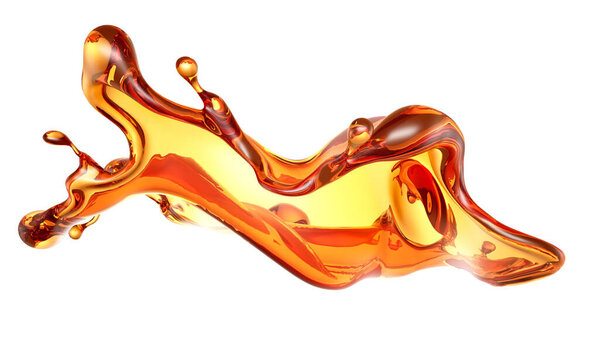 Splash of a transparent orange liquid on a white background. 3d rendering, 3d illustration.
