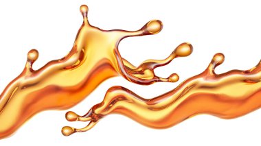 Beyaz arka planda şeffaf turuncu sıvı sıçramış. 3d görüntüleme, 3d illüstrasyon.