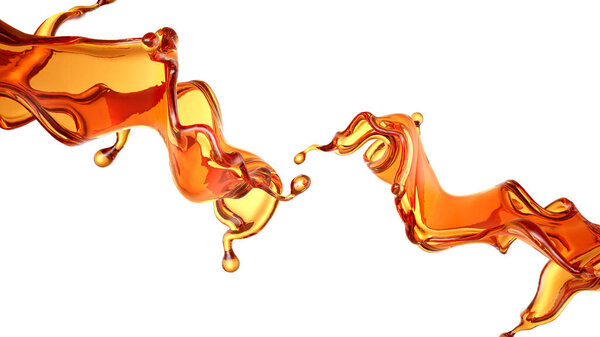 Splash of a transparent orange liquid on a white background. 3d rendering, 3d illustration.