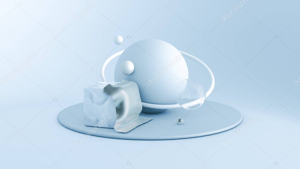 Light blue minimalism background with objects. 3d rendering, 3d illustration.