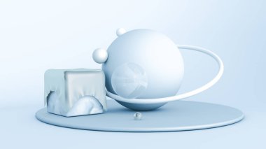 Nesnelerle açık mavi minimalizm arka planı. 3d görüntüleme, 3d illüstrasyon.