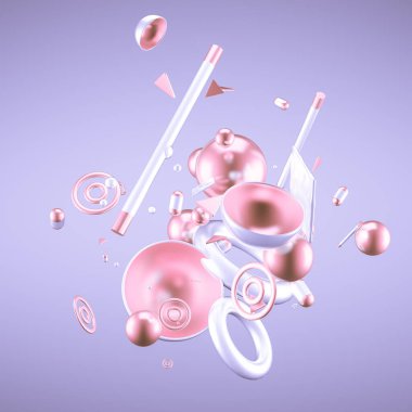 Mor soyut minimalizm, uçan nesneler ve şekillerle. 3d görüntüleme, 3d illüstrasyon.