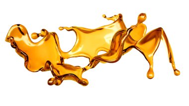 Beyaz arka planda şeffaf turuncu sıvı sıçramış. 3d görüntüleme, 3d illüstrasyon.