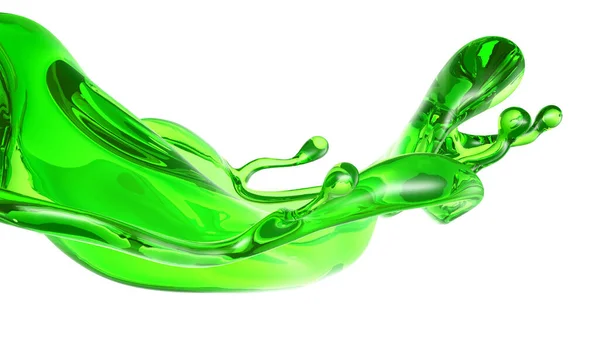 白い背景に緑色の透明な液体のスプラッシュ 3Dレンダリング 3Dイラスト — ストック写真