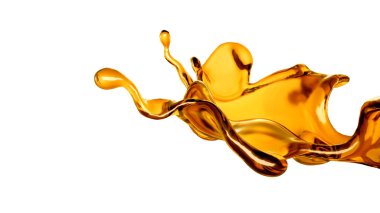 Beyaz arka planda şeffaf turuncu sıvı sıçramış. 3d görüntüleme, 3d illüstrasyon.