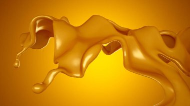 Sarı arka planda altın karamel sıçraması. 3d görüntüleme, 3d illüstrasyon.