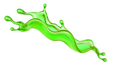 Beyaz arka planda şeffaf yeşil bir sıvı sıçraması. 3d görüntüleme, 3d illüstrasyon.