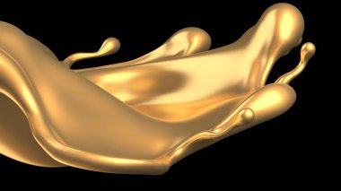 Şatafatlı altın bir sıvı sıçraması. 3d görüntüleme, 3d illüstrasyon.
