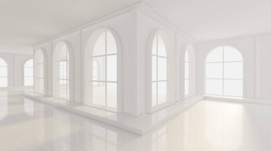 Pencereleri olan lüks, beyaz bir iç mekan. 3d görüntüleme, 3d illüstrasyon.