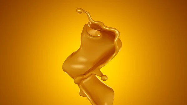 Golden Splash Van Karamel Een Gele Achtergrond Weergave Illustratie — Stockfoto