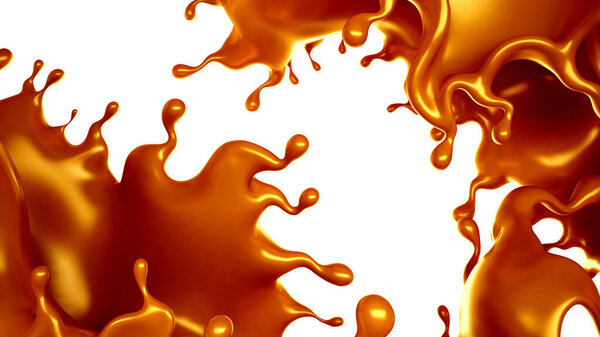 Golden splash of caramel on a white background. 3d rendering, 3d illustration.