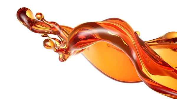 白色の背景に透明なオレンジ色の液体のスプラッシュ 3Dレンダリング 3Dイラスト — ストック写真