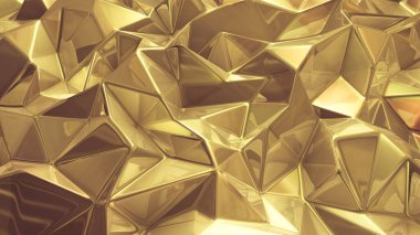 Sarı altın kristal arka plan ve üçgenler. 3d görüntüleme, 3d illüstrasyon.
