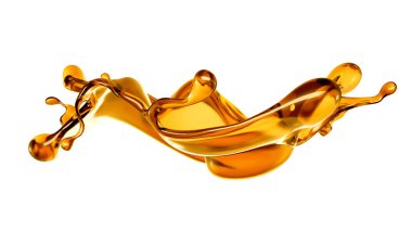 Beyaz arka planda şeffaf turuncu sıvı sıçramış. 3d görüntüleme, 3d illüstrasyon.