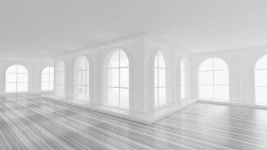 Pencereleri olan lüks, beyaz bir iç mekan. 3d görüntüleme, 3d illüstrasyon.