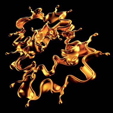 Altın kaplama sıvı siyah arka plan. 3d görüntüleme, 3d illüstrasyon.