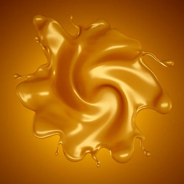 Salpicadura Dorada Caramelo Sobre Fondo Amarillo Representación Ilustración — Foto de Stock