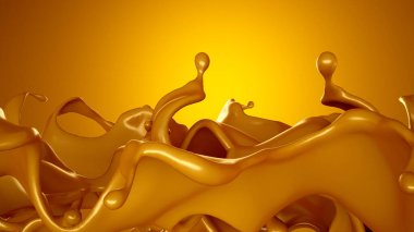 Sarı arka planda altın karamel sıçraması. 3d görüntüleme, 3d illüstrasyon.