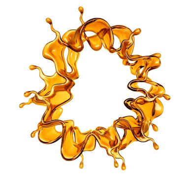 Beyaz arka planda şeffaf turuncu sıvı sıçramış. 3d görüntüleme, 3d illüstrasyon.