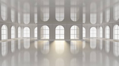 Pencereleri olan lüks, beyaz bir iç mekan. 3d görüntüleme, 3d illüstrasyon.