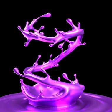 Mor sıçrama sıvısı siyah arka plan. 3d görüntüleme, 3d illüstrasyon.