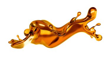 Beyaz arka planda şeffaf turuncu sıvı sıçramış. 3d görüntüleme, 3d illüstrasyon.